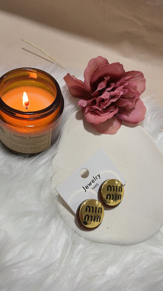 Gold plated round engraved logo stud earrings